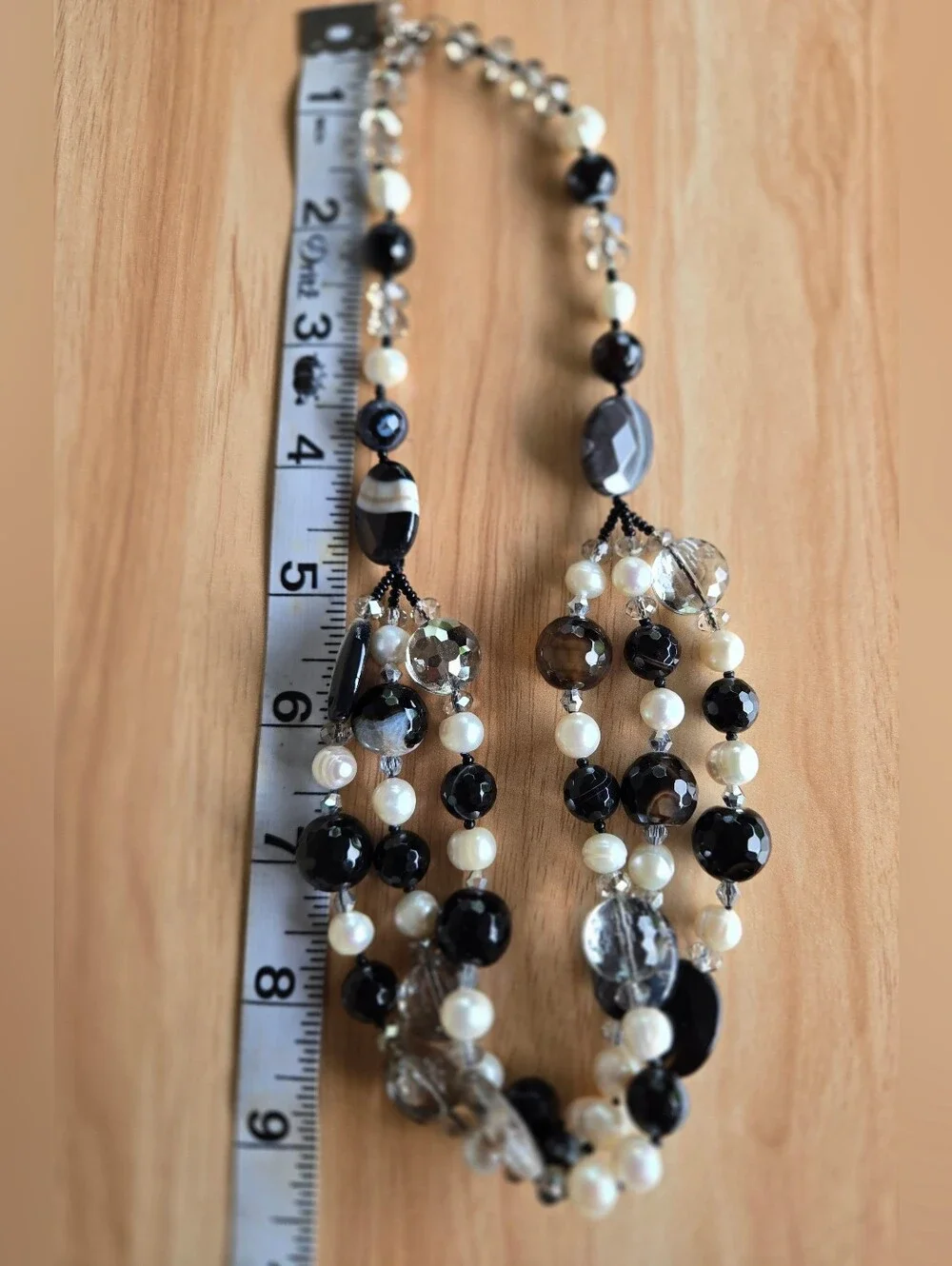 Agate Pearl Crystal Multi-Strand Black White Banded Natural Stone Bead Necklace